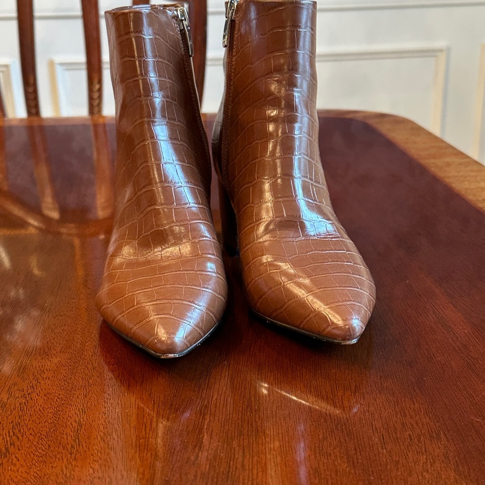 Marc Fisher Tan Croc-Embossed Pointed Toe Block Heel Booties
